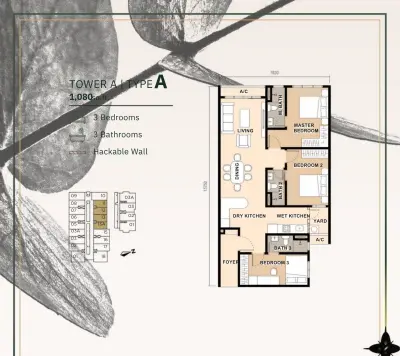 Floor plan, Type A, 1,080 sq ft, three bedrooms and three bathrooms, Tower A with hackable wall